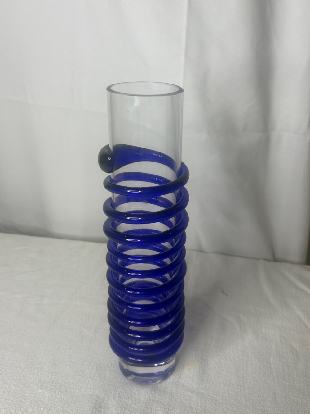 Modernist Art Glass Vase Cold Cut Rim Cobalt Spiral Ribbon MCM 11.5" - Picture 6 of 7